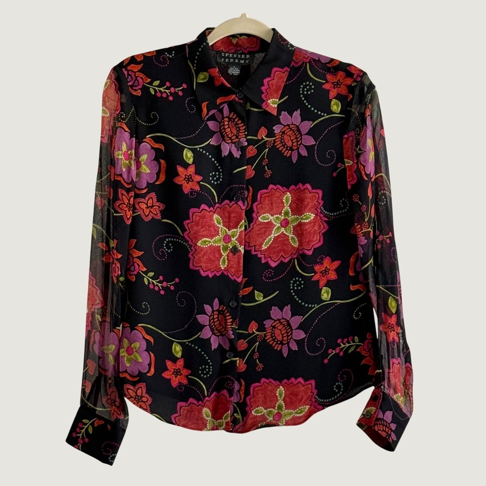 Women's Spenser Jeremy Top Blouse 100% Silk Sz 6 Black floral Sheer Sleeves.